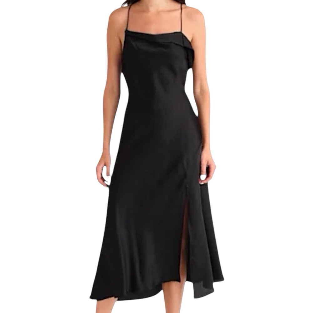 ASTR The Label Black Satin Cowl Neck Slip Midi Dress XS Wedding Guest
